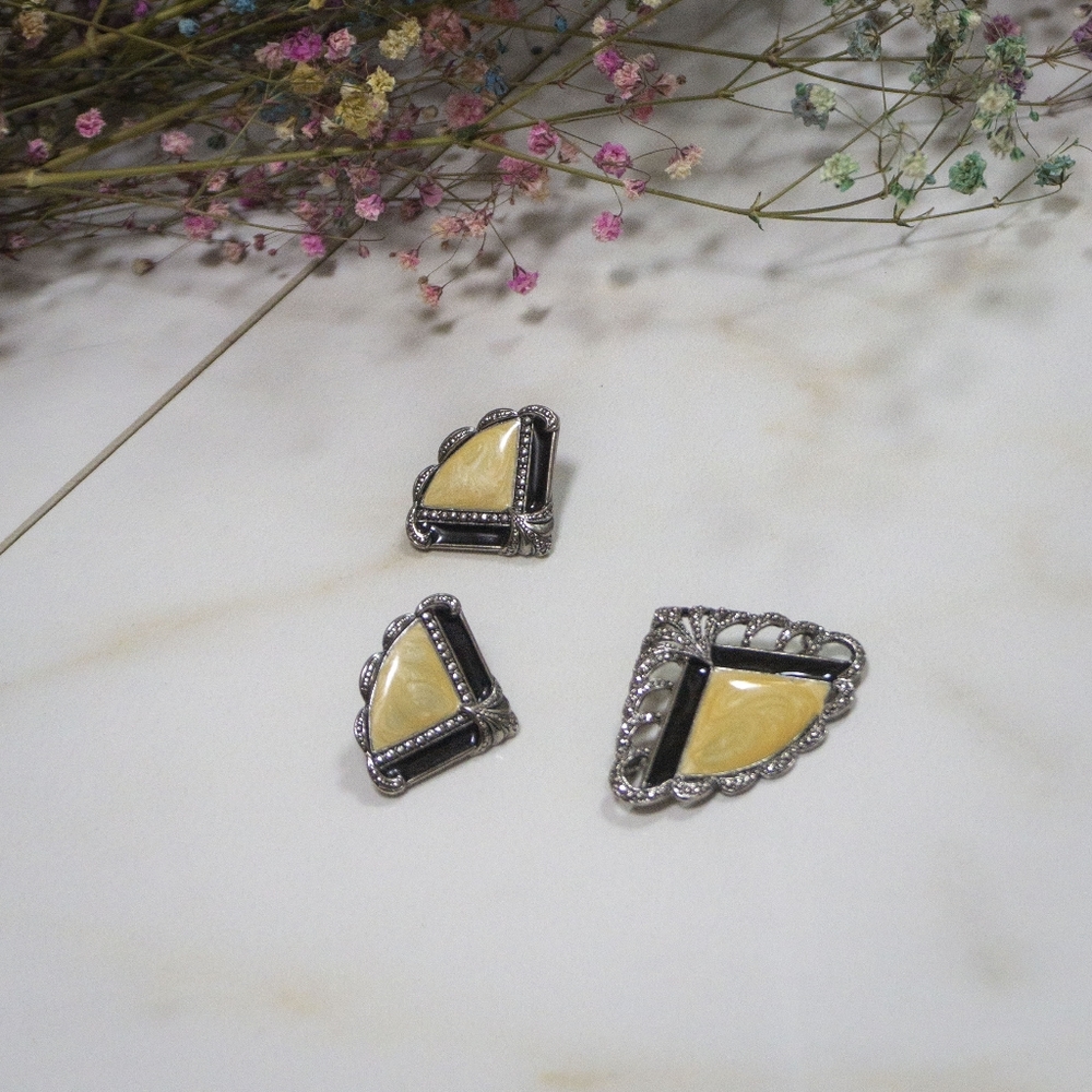 Art deco marcasite and enamel fan set